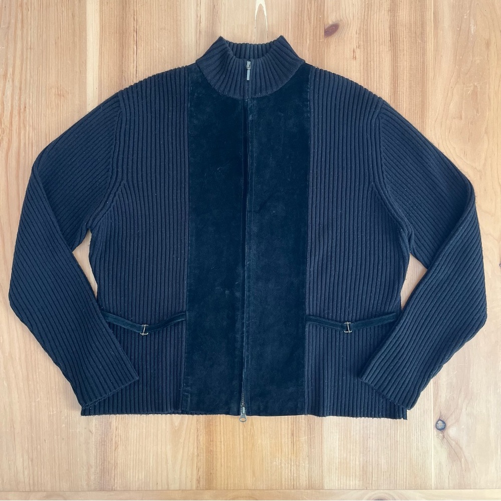 Amanda Smith black ribbed knit + suede zip-up jacket